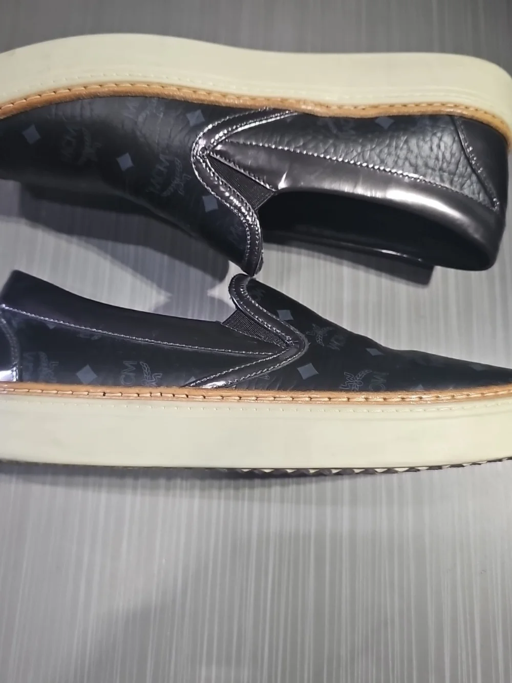 MCM Black Monogram Visetos Leather Slip On Shoes Men's Size 38 EU/ 6 US PreOwned
